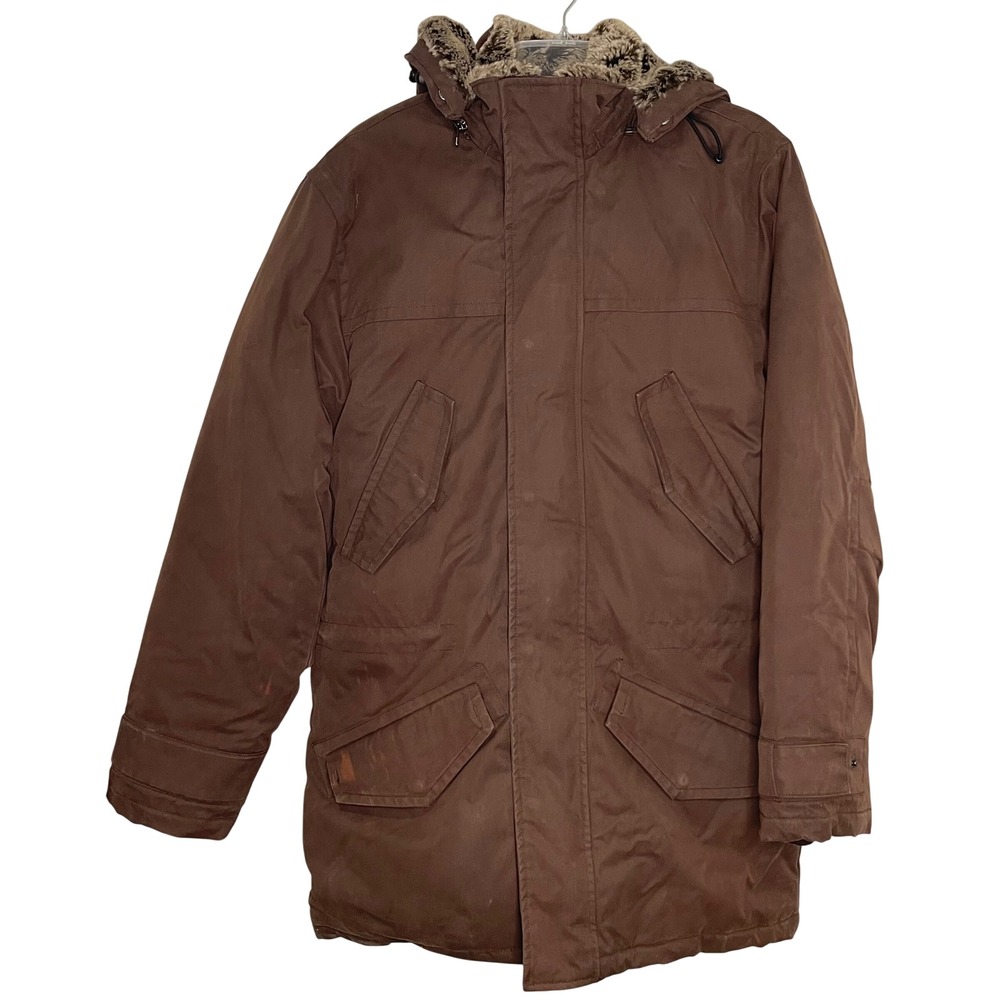 Eddie Bauer Mens Small Brown Goose Down Insulated Parka Jacket w/ Faux Fur Hood